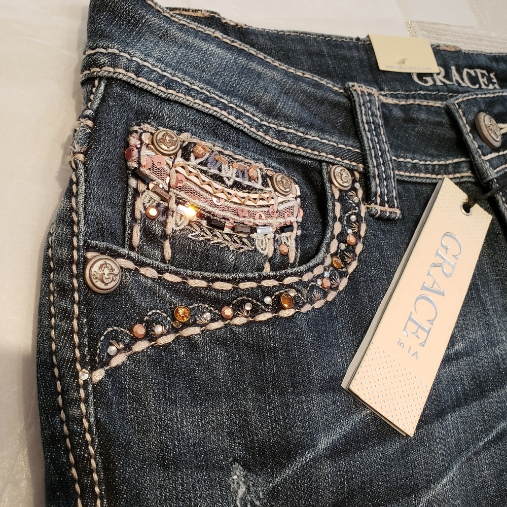 Grace In LA NEW Jeans Denim Embellished Jewel Stud Bead Mesh Slim Bootcut Womens - Picture 9 of 16